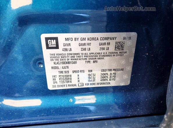 KL4CJ1SB3KB913481 2019 BUICK ENCORE Blue Vista de la etiqueta del VIN