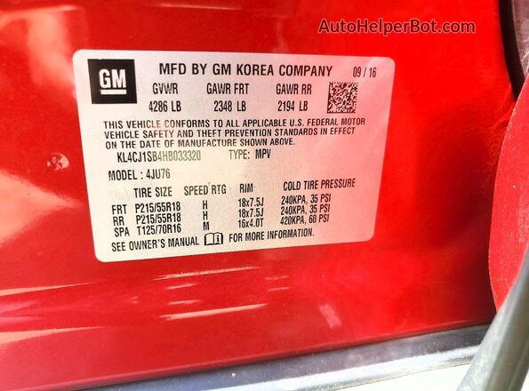 KL4CJ1SB4HB033320 2017 BUICK ENCORE Burgundy Vista de la etiqueta del VIN
