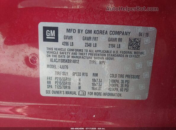 KL4CJ1SB5KB914812 2019 BUICK ENCORE Red Engine compartment view