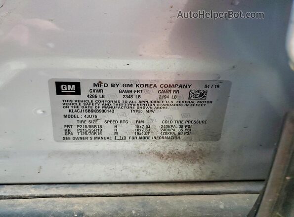KL4CJ1SB6KB900143 2019 BUICK ENCORE Серебряный Вид наклейки с VIN-кодом