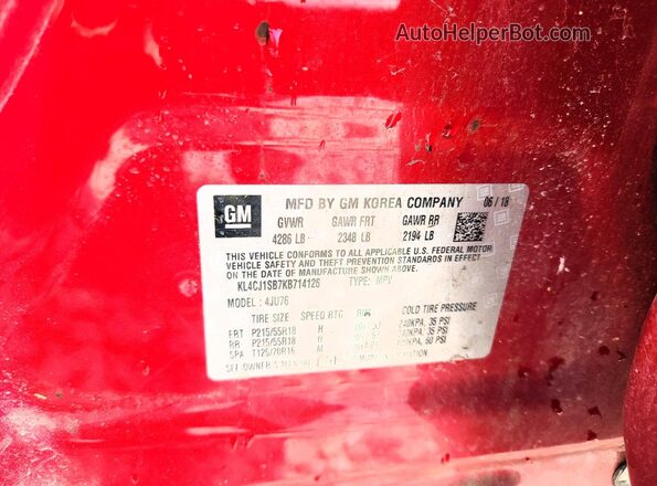 KL4CJ1SB7KB714126 2019 BUICK ENCORE Red Widok naklejki z numerem VIN