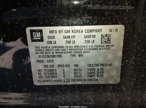 KL4CJ1SB7KB911605 2019 BUICK ENCORE Черный Вид подкапотного пространства