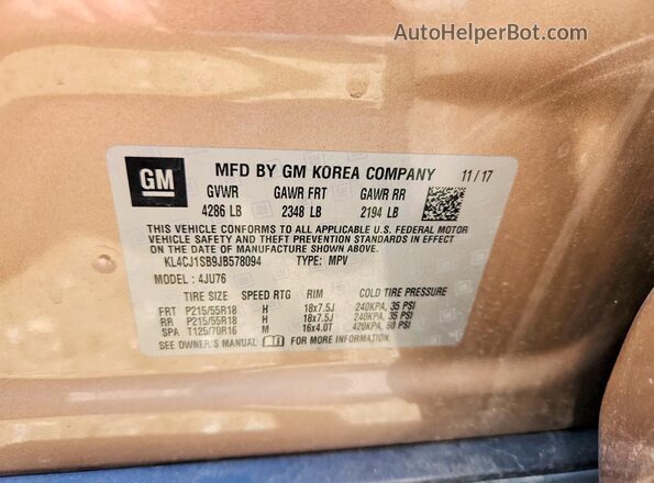 KL4CJ1SB9JB578094 2018 BUICK ENCORE Beige Вид наклейки з VIN-кодом