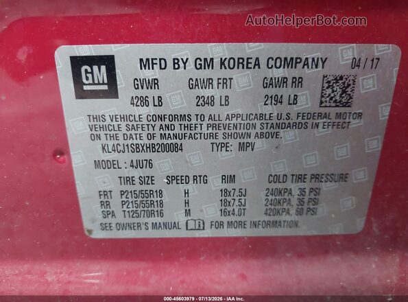 KL4CJ1SBXHB200084 2017 BUICK ENCORE Red Vista del compartimento del motor