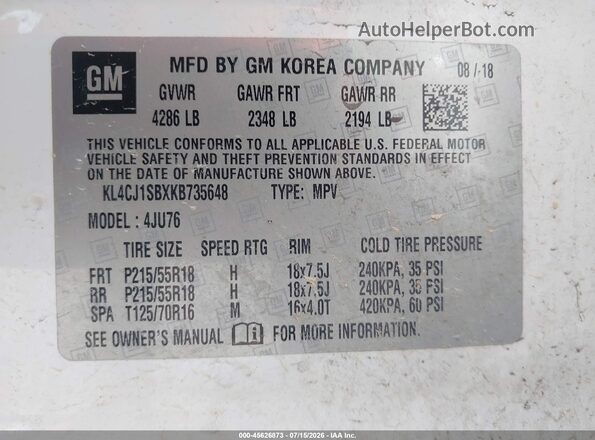 KL4CJ1SBXKB735648 2019 BUICK ENCORE White Вид підкапотного простору