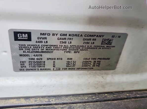 KL4CJ2SB0JB655537 2018 BUICK ENCORE White VIN კოდის სტიკერის ხედი