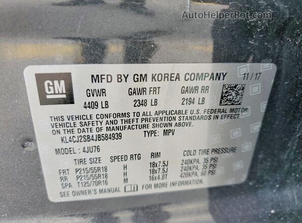 KL4CJ2SB4JB584939 2018 BUICK ENCORE Серый Вид наклейки с VIN-кодом