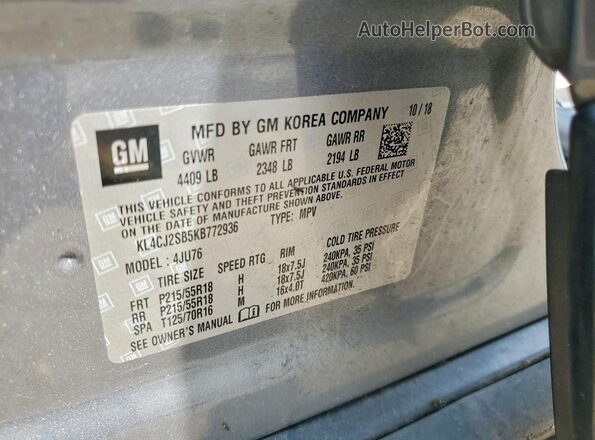 KL4CJ2SB5KB772936 2019 BUICK ENCORE Gray Widok naklejki z numerem VIN