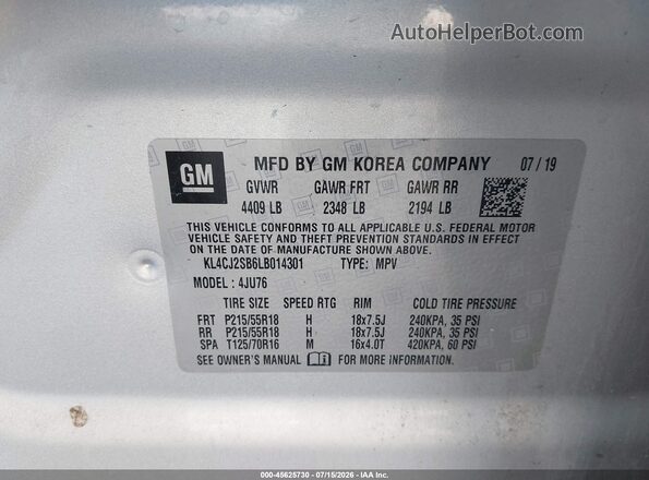 KL4CJ2SB6LB014301 2020 BUICK ENCORE Silver Engine compartment view