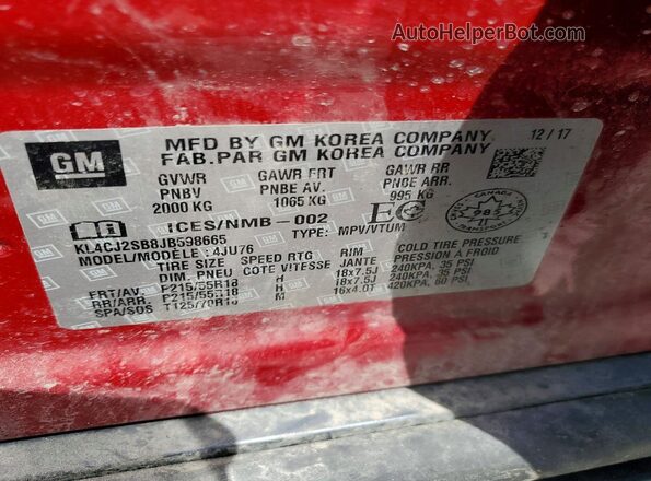 KL4CJ2SB8JB598665 2018 BUICK ENCORE Red ძრავის განყოფილების ხედი