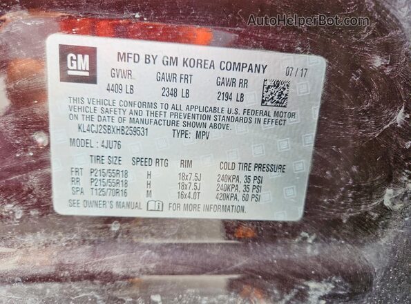 KL4CJ2SBXHB259531 2017 BUICK ENCORE Burgundy Панорамний вид салону 360°