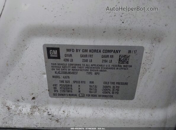 KL4CJ3SB9JB549237 2018 BUICK ENCORE White ძრავის განყოფილების ხედი