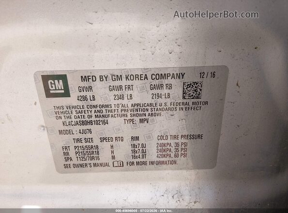 KL4CJASB0HB102164 2017 BUICK ENCORE Silver ძრავის განყოფილების ხედი