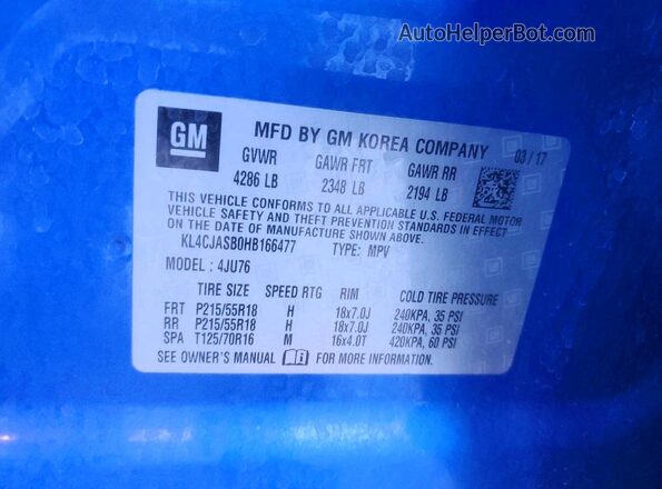 KL4CJASB0HB166477 2017 BUICK ENCORE Blue VIN sticker view
