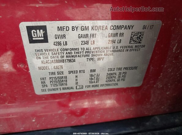 KL4CJASB0HB179634 2017 BUICK ENCORE Red Widok komory silnika