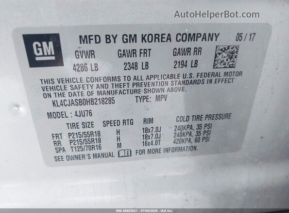 KL4CJASB0HB218285 2017 BUICK ENCORE Silver Vista del compartimento del motor