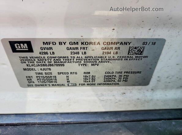 KL4CJASB0JB670999 2018 BUICK ENCORE Белый Вид подкапотного пространства