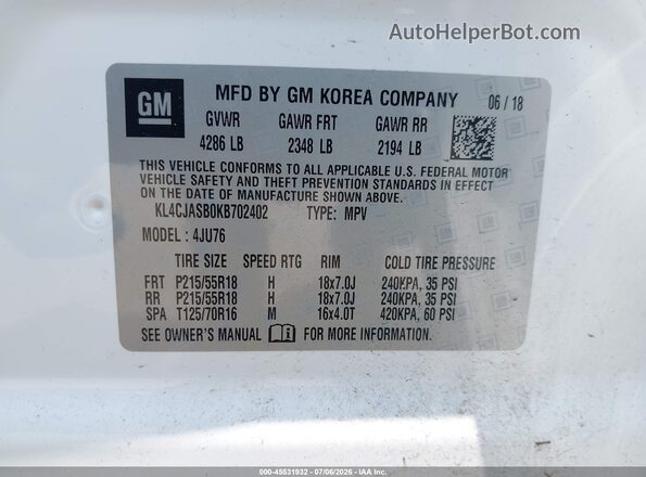 KL4CJASB0KB702402 2019 BUICK ENCORE White Vista del compartimento del motor