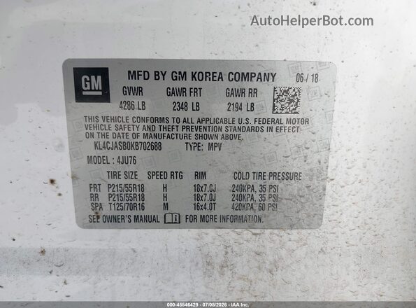 KL4CJASB0KB702688 2019 BUICK ENCORE White Engine compartment view