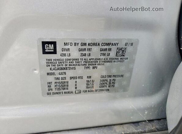 KL4CJASB0KB731415 2019 BUICK ENCORE Серебряный Вид наклейки с VIN-кодом