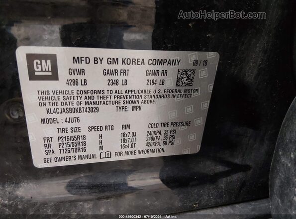KL4CJASB0KB743029 2019 BUICK ENCORE Black Вид підкапотного простору