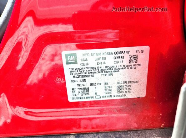 KL4CJASB0LB005166 2020 BUICK ENCORE Красный Вид наклейки с VIN-кодом