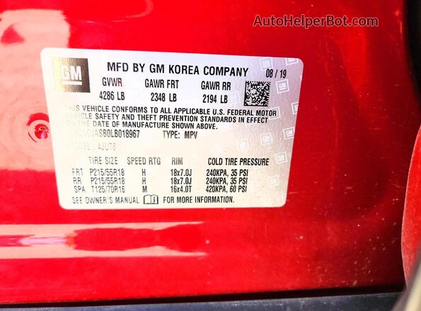 KL4CJASB0LB018967 2020 BUICK ENCORE Red Vista de la etiqueta del VIN