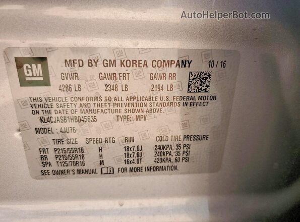 KL4CJASB1HB045635 2017 BUICK ENCORE Silver Widok wnętrza 360 stopni