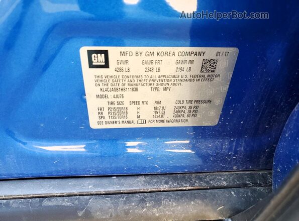 KL4CJASB1HB111830 2017 BUICK ENCORE Синий Вид наклейки с VIN-кодом