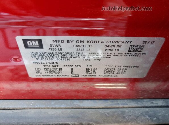 KL4CJASB1JB521520 2018 BUICK ENCORE Red VIN sticker view