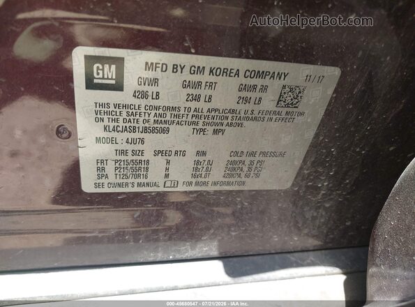 KL4CJASB1JB585069 2018 BUICK ENCORE Purple ძრავის განყოფილების ხედი