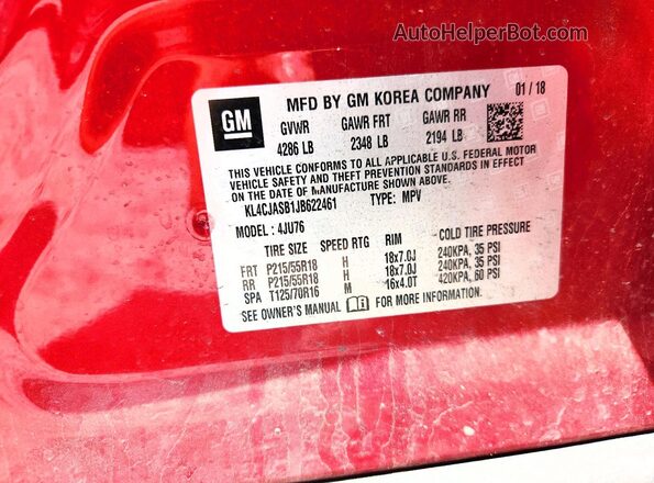 KL4CJASB1JB622461 2018 BUICK ENCORE Красный Вид наклейки с VIN-кодом