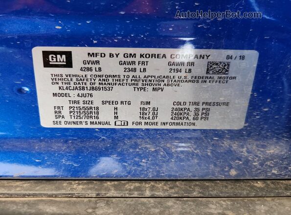KL4CJASB1JB691537 2018 BUICK ENCORE Blue VIN sticker view