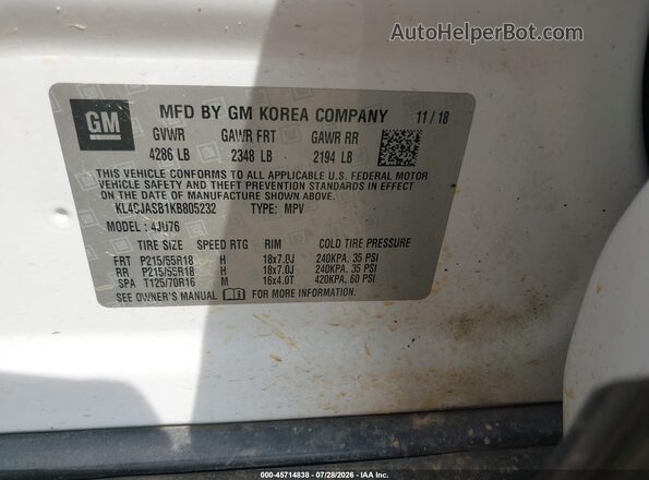 KL4CJASB1KB805232 2019 BUICK ENCORE White ძრავის განყოფილების ხედი