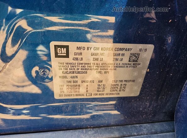 KL4CJASB1LB033459 2020 BUICK ENCORE Blue VIN კოდის სტიკერის ხედი