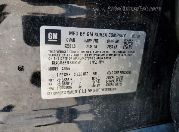 KL4CJASB1LB326150 2020 BUICK ENCORE Black VIN კოდის სტიკერის ხედი