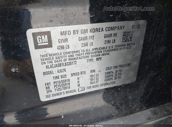 KL4CJASB1LB335172 2020 BUICK ENCORE Black ძრავის განყოფილების ხედი