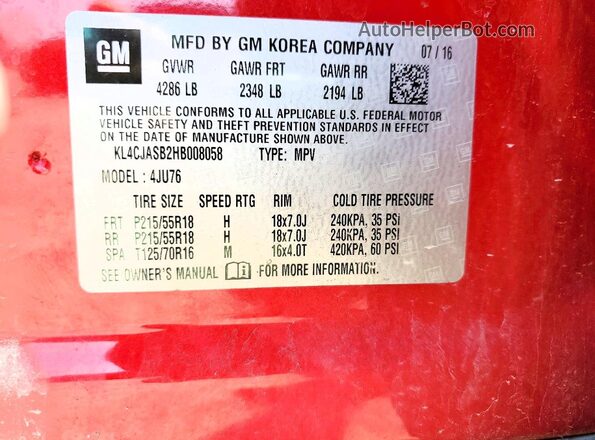 KL4CJASB2HB008058 2017 BUICK ENCORE Burgundy VIN კოდის სტიკერის ხედი
