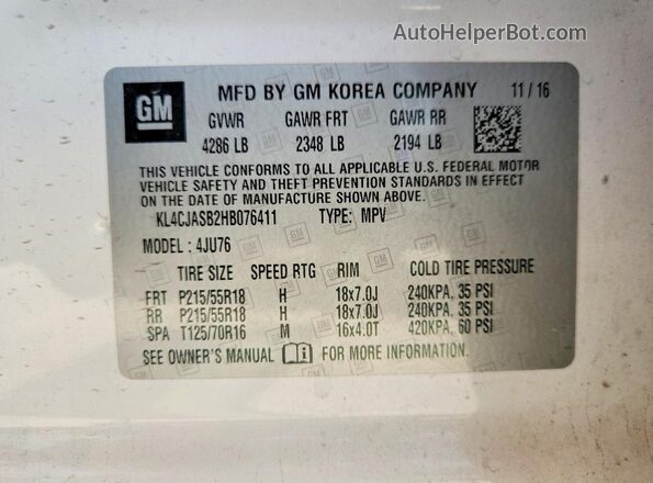 KL4CJASB2HB076411 2017 BUICK ENCORE White Вид наклейки з VIN-кодом