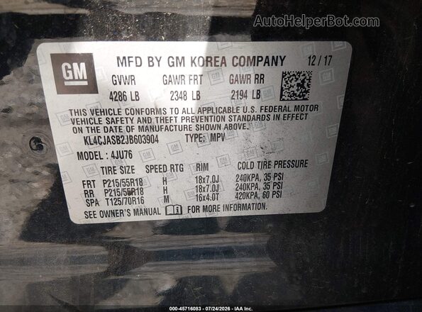 KL4CJASB2JB603904 2018 BUICK ENCORE Black Вид підкапотного простору