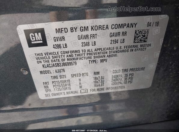 KL4CJASB2JB699579 2018 BUICK ENCORE Gray Вид підкапотного простору