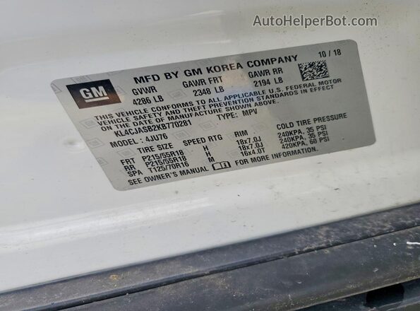 KL4CJASB2KB770281 2019 BUICK ENCORE White VIN sticker view