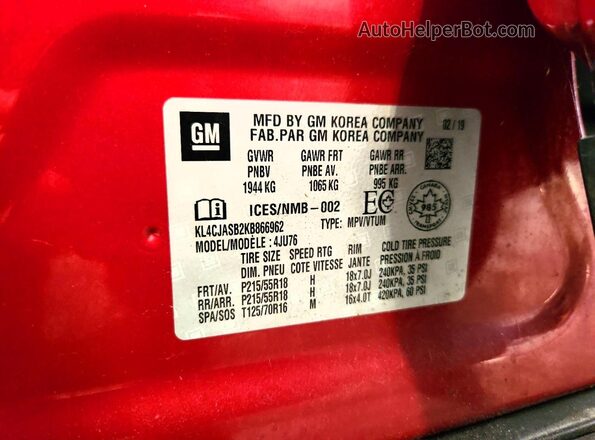 KL4CJASB2KB866962 2019 BUICK ENCORE Red Вид наклейки з VIN-кодом