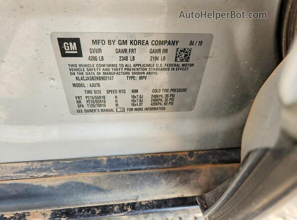KL4CJASB2KB902147 2019 BUICK ENCORE Silver VIN კოდის სტიკერის ხედი