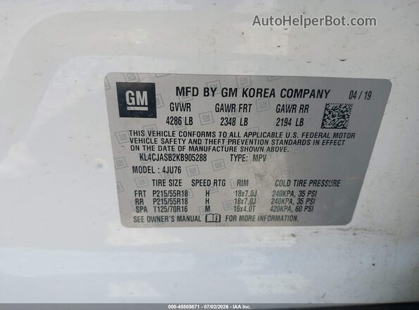 KL4CJASB2KB905288 2019 BUICK ENCORE White Vista del compartimento del motor