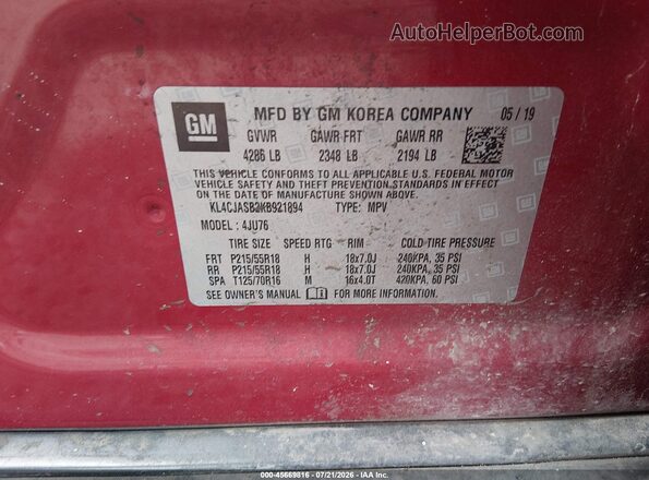 KL4CJASB2KB921894 2019 BUICK ENCORE Burgundy Vista del compartimento del motor