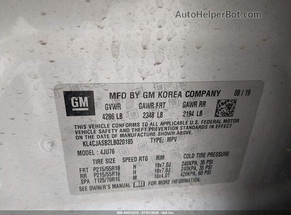 KL4CJASB2LB020185 2020 BUICK ENCORE Silver Engine compartment view
