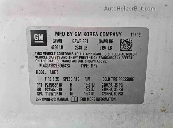 KL4CJASB2LB066423 2020 BUICK ENCORE White VIN sticker view