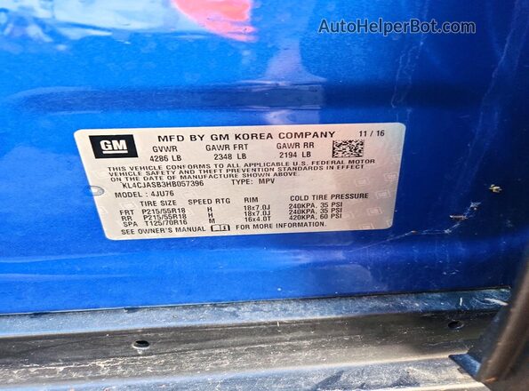 KL4CJASB3HB057396 2017 BUICK ENCORE Синий Вид наклейки с VIN-кодом