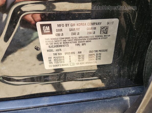 KL4CJASB3HB197173 2017 BUICK ENCORE Black VIN კოდის სტიკერის ხედი